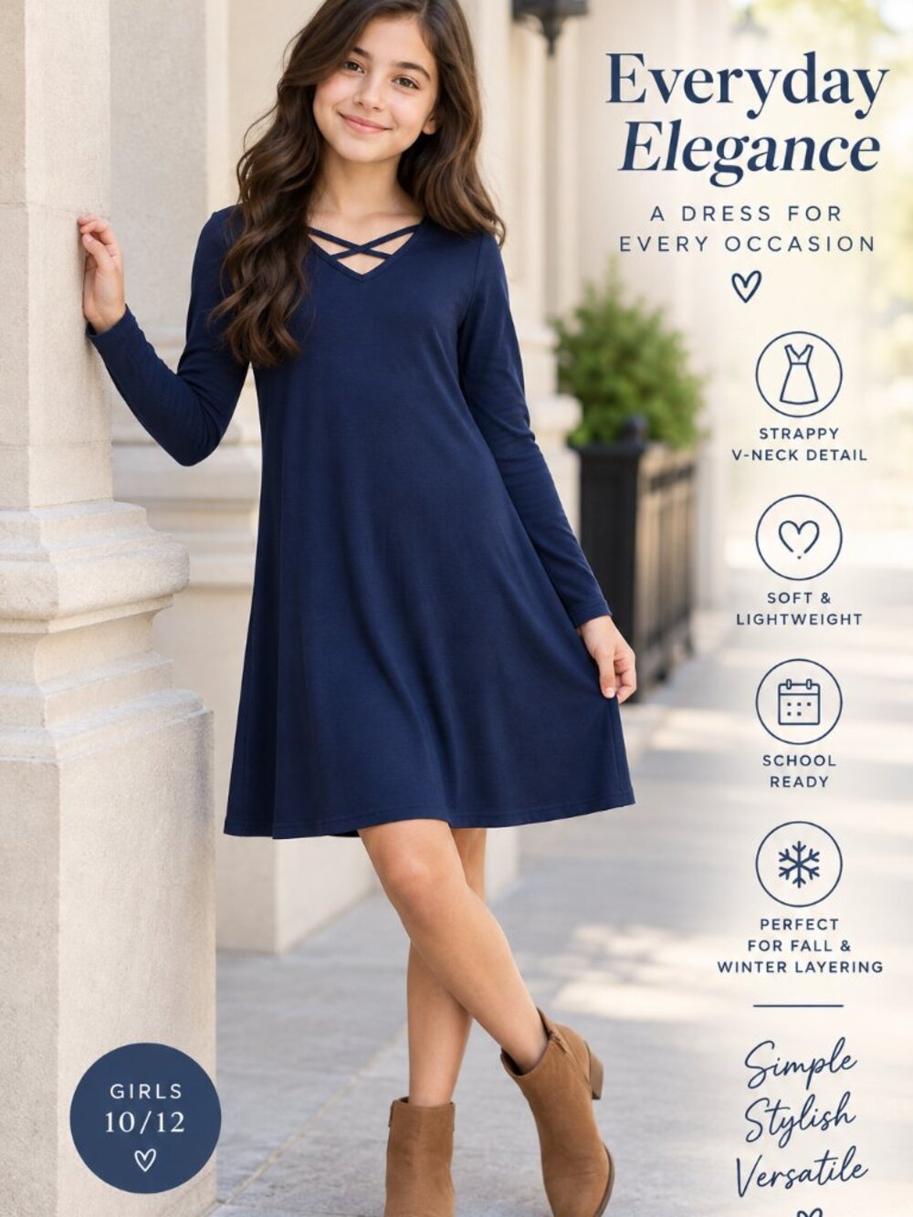 Girls 10-12 Navy Blue Long Sleeve Dress Strappy V Neck A Line Knit Tween Layer